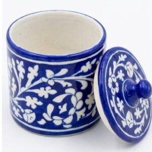 Handcrafted Blue Pottery Ceramic Jar with Floral Design.